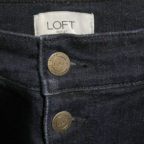 Loft Outlet HIGH RISE FLARE CROP Jeans Size 10 Dark Wash Blue Button Fly Stretch - Picture 6 of 10